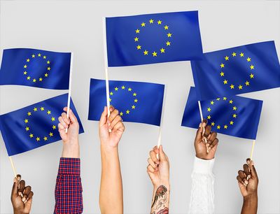 En masse EU-flag, der holdes af hænder i alle farver
