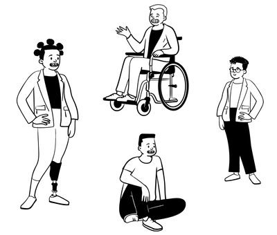 Drawing of different people, including men and women, with and without glasses, one with an artificial leg and one using a wheelchair. Most are happy, but one looks a little worried or depressed